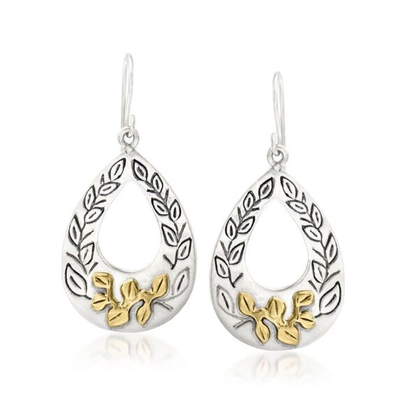 NIB Ross-Simons Sterling Silver Leaf Teardrop Earrings with 14kt Yellow Gold - Picture 1 of 6